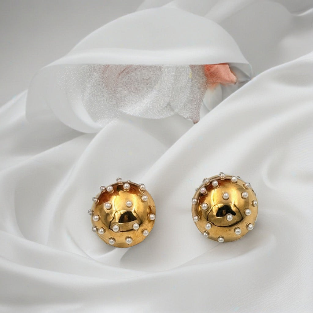 Golden Stainless Steel Stud Earrings with Delicate Pearl Accents