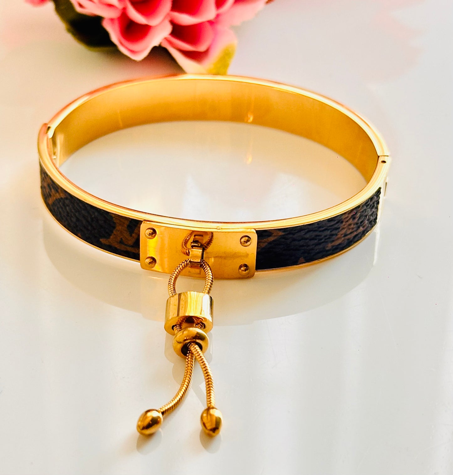 Gold-Plated Hinged Bangle for Women with Faux-Leather Inlay and Bolo Tassel, Hypoallergenic & Anti-Tarnish