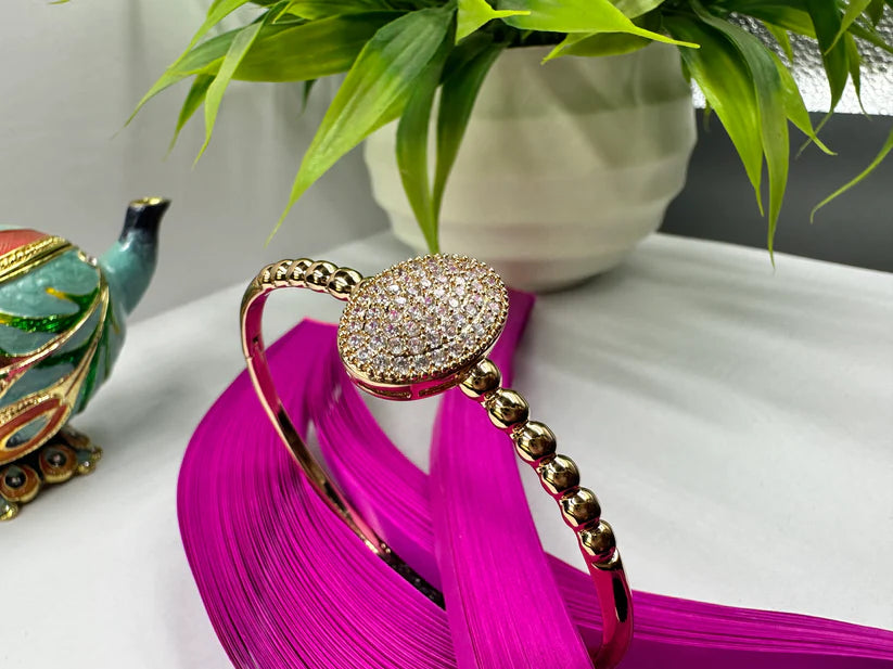 Elegant Gold Plated Crystal Bracelet for Women – Oval CZ Stone Beaded Bangle, Anti-Tarnish & Hypoallergenic Jewelry