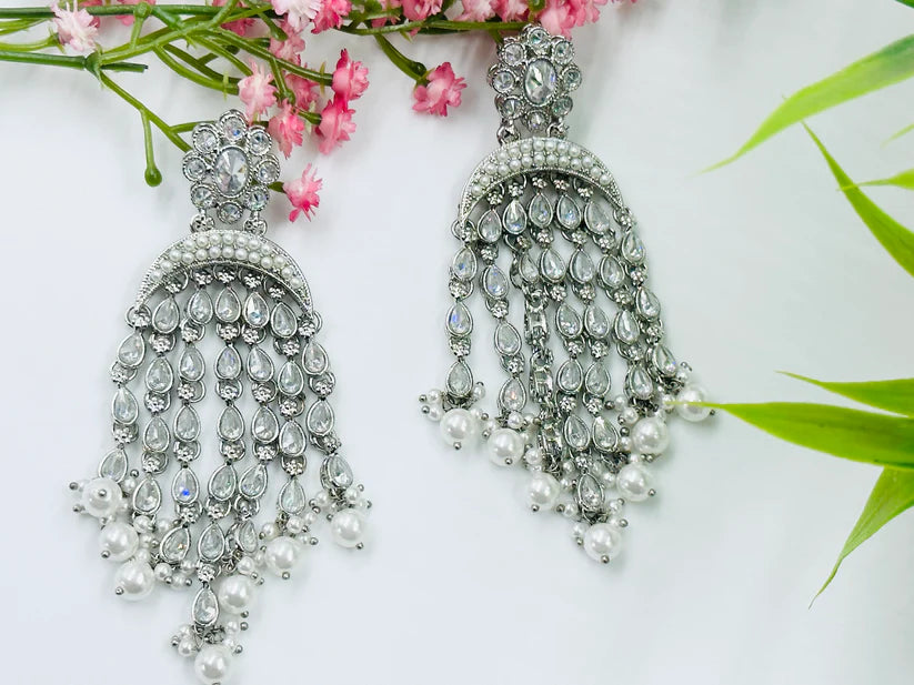 ELEGANT POLKI SILVER WITH WHITE BEADS DANGLERS EARRINGS