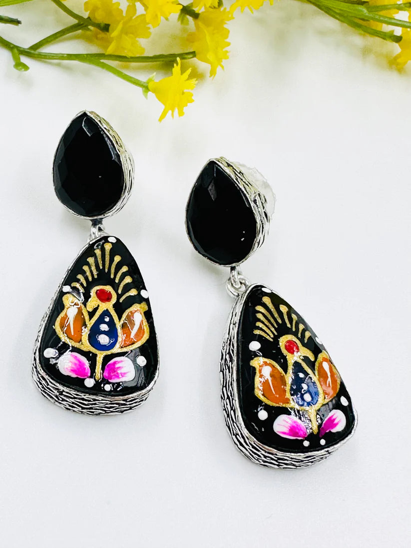 BLACK OXIDISED EARRINGS WITH MEENAKARI WORK