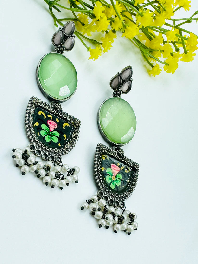 BEAUTIFUL GREEN OXIDISED EARRINGS WITH MEENAKARI WORK