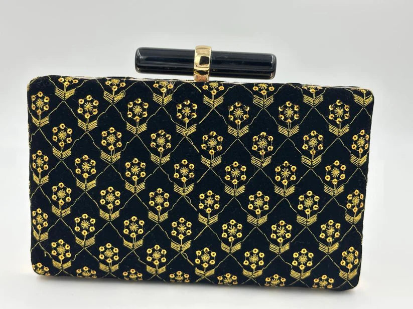 Luxury Black Velvet Clutch with Golden Floral Embroidery & Bar Clasp