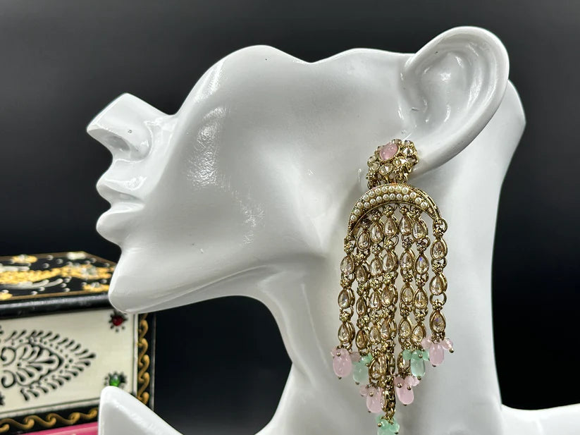 ELEGANT POLKI GOLDEN WITH MULTICOLOR PASTEL BEADS DANGLERS EARRINGS