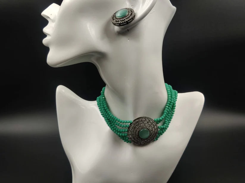 GEM STONE AND AD STUDDED GREEN BEADED CHOKER SET