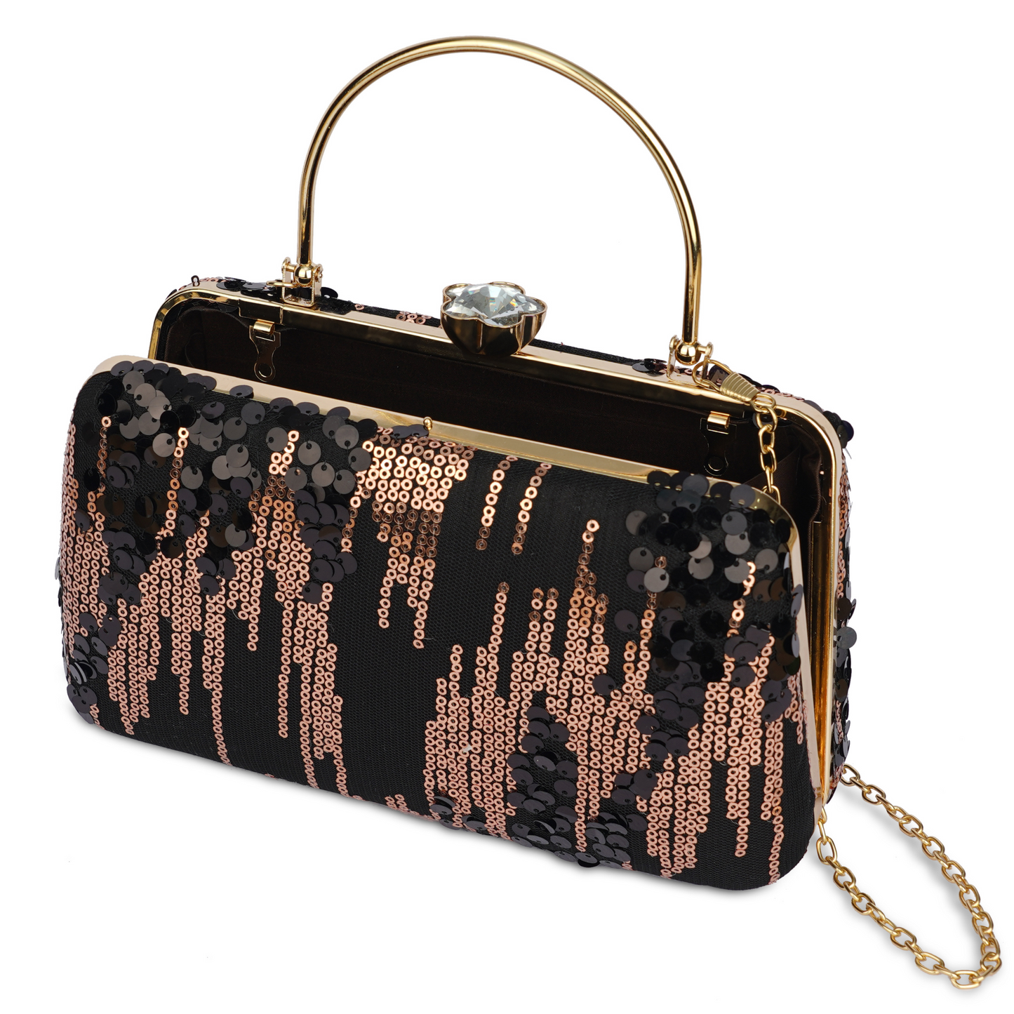 Elegant Black and Gold Sequin Clutch with Metal Handle & Chain Strap – Party & Evening Bag