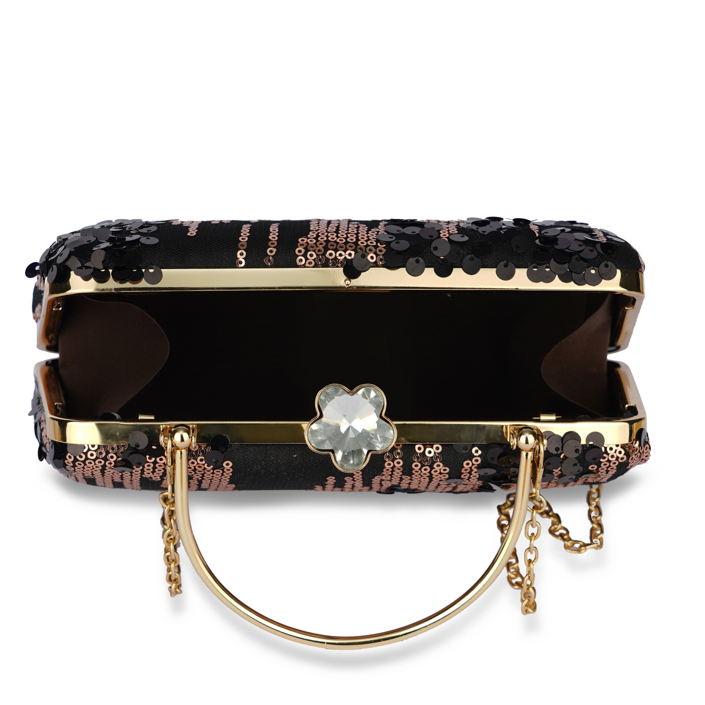 Elegant Black and Gold Sequin Clutch with Metal Handle & Chain Strap – Party & Evening Bag