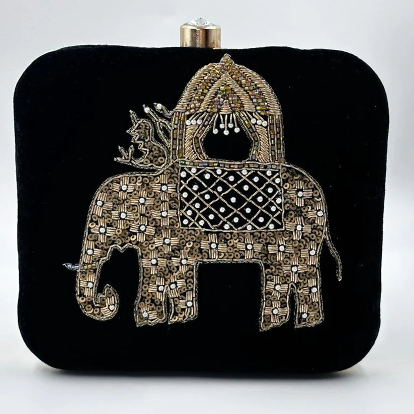 Royal Elephant Embroidered Velvet Clutch with Gold Detailing – Evening & Festive Bag