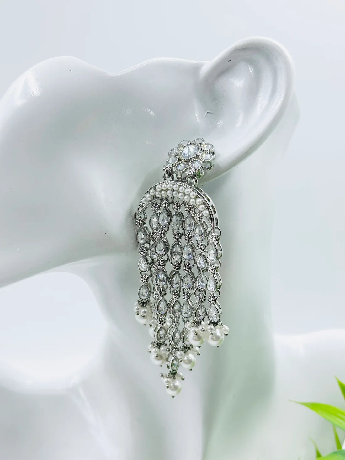 ELEGANT POLKI SILVER WITH WHITE BEADS DANGLERS EARRINGS