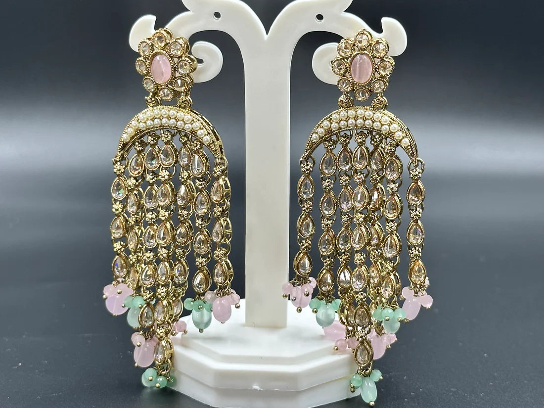 ELEGANT POLKI GOLDEN WITH MULTICOLOR PASTEL BEADS DANGLERS EARRINGS