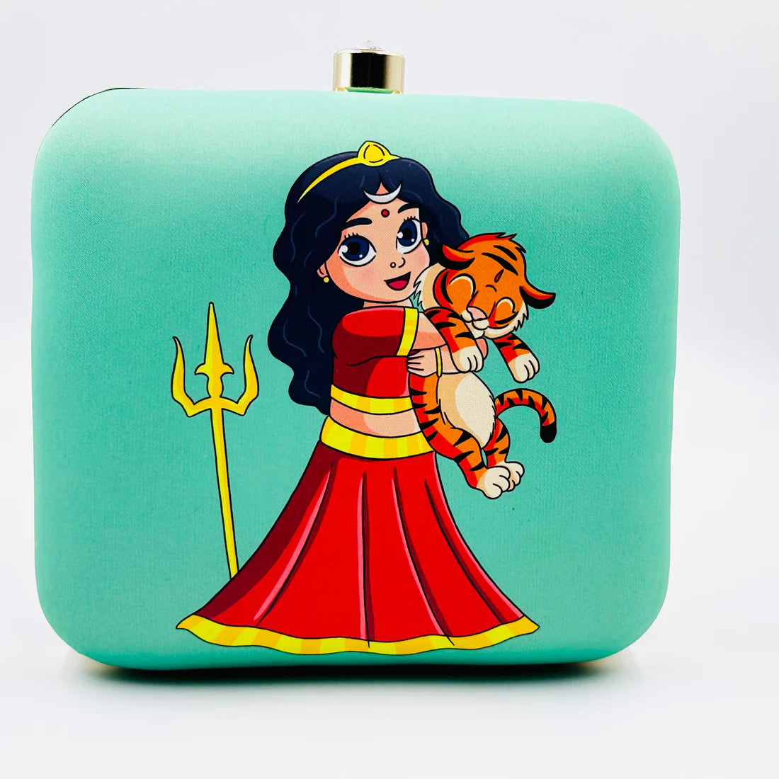 Goddess Illustration Clutch with Vibrant Artwork and Gold Chain – Party & Festive Bag