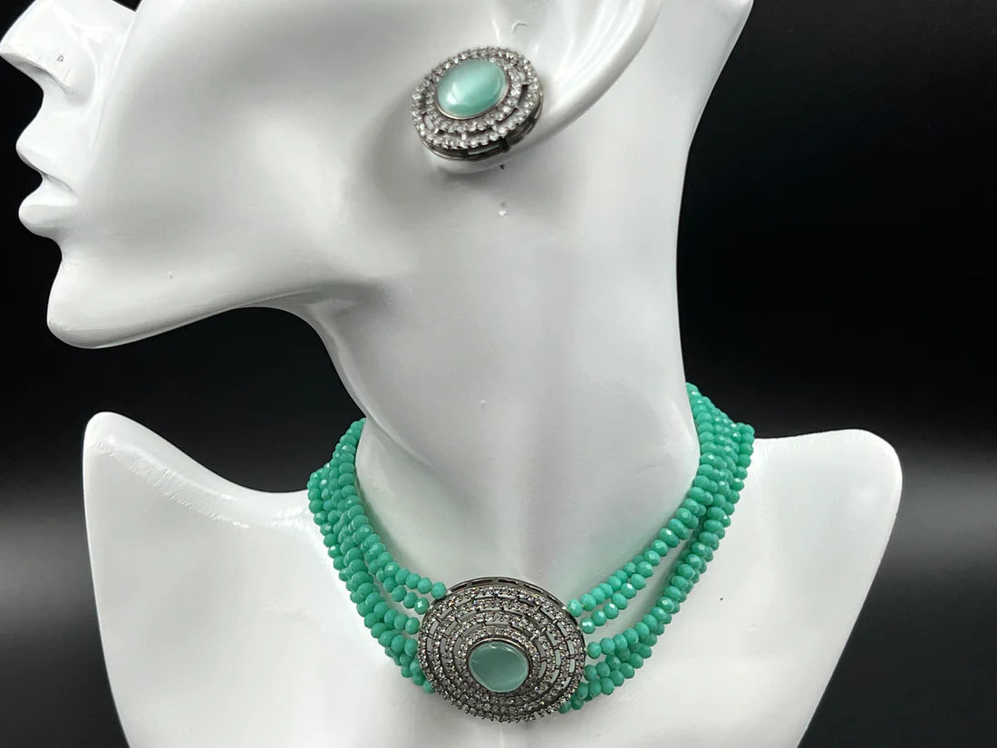 GEM STONE AND AD STUDDED GREEN BEADED CHOKER SET