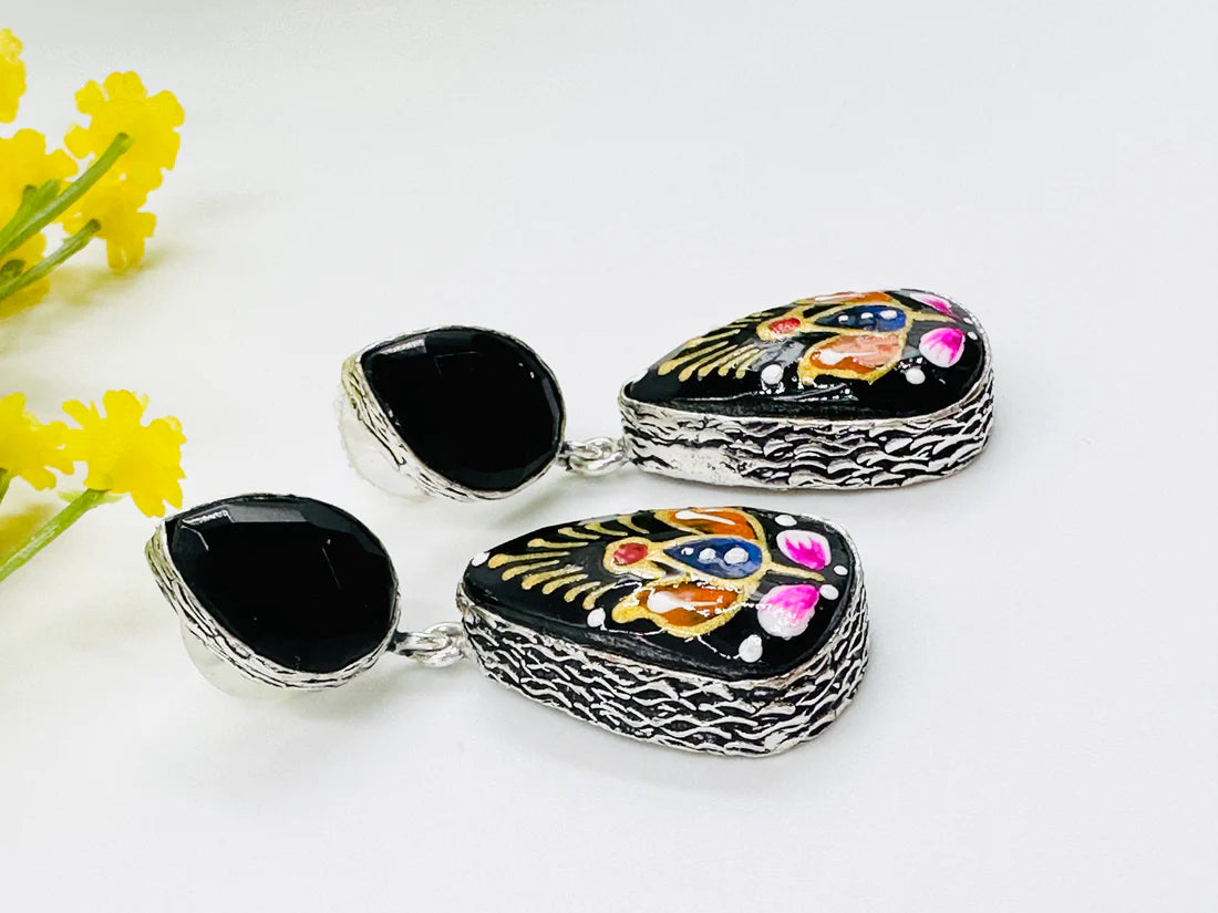 BLACK OXIDISED EARRINGS WITH MEENAKARI WORK