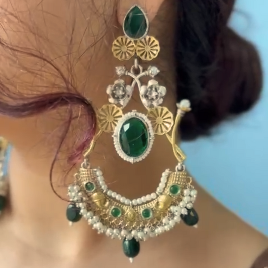 Arshiya Unique and Elegant Traditional Dual Tone Oxidised Green Stone Earrings