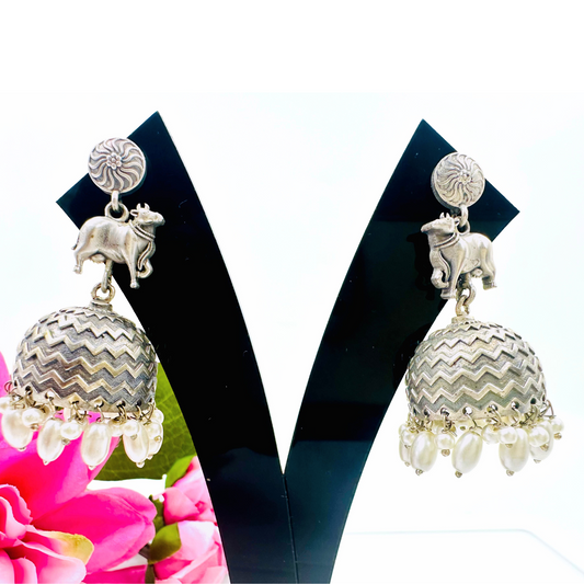 Oxidised Silver Nandi Motif Jhumka Earrings with Pearl Beads – Ethnic Temple Jewelry