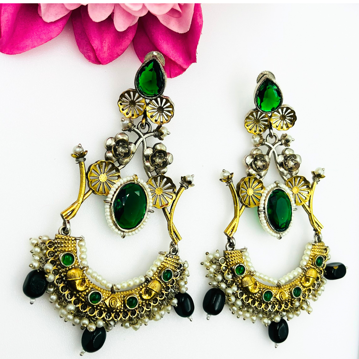 Arshiya Unique and Elegant Traditional Dual Tone Oxidised Green Stone Earrings