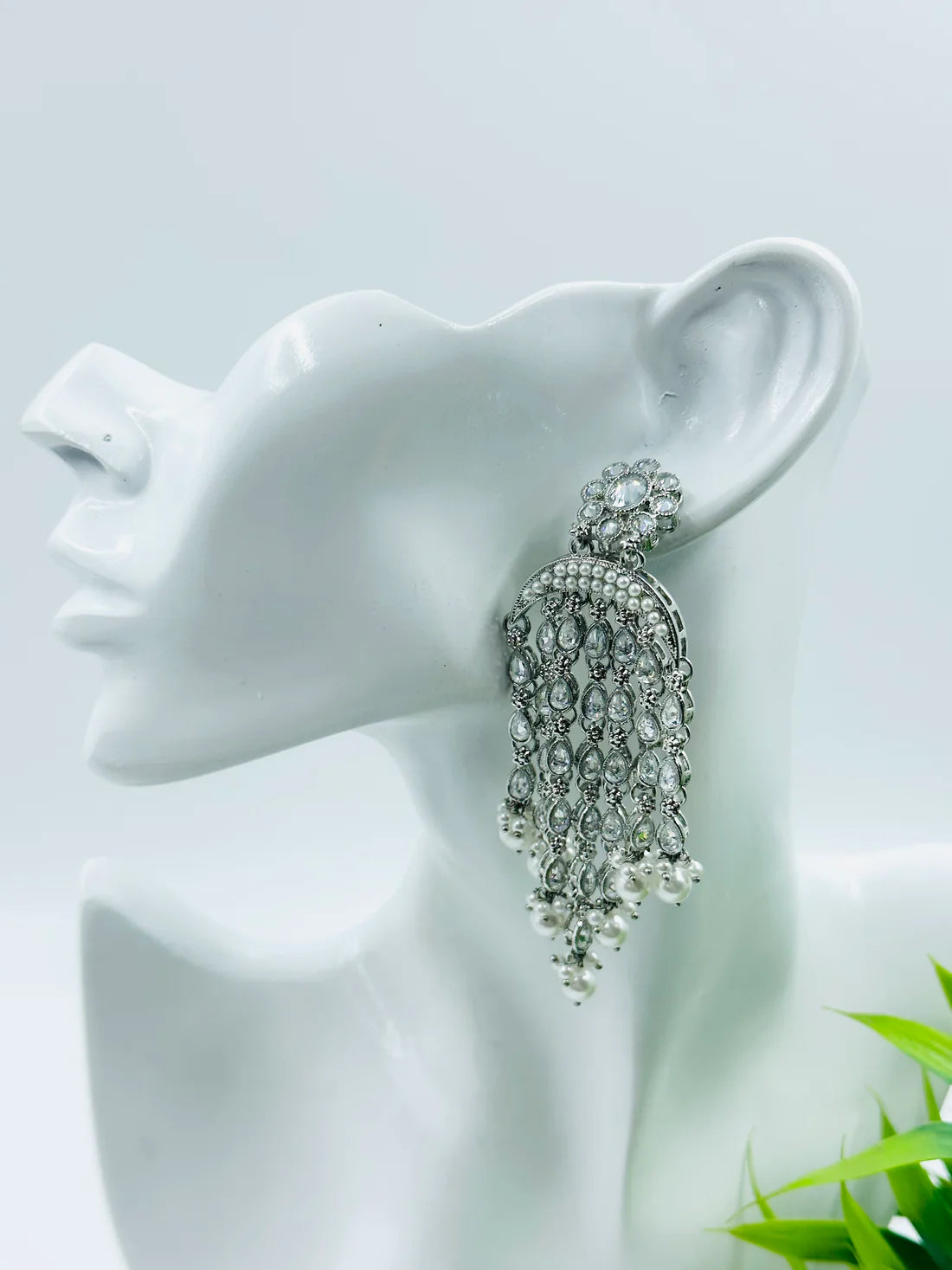 ELEGANT POLKI SILVER WITH WHITE BEADS DANGLERS EARRINGS