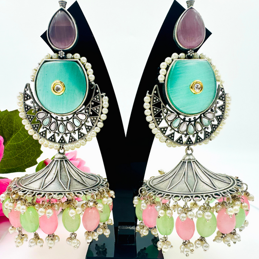 Arshiya Traditional Multicolour Stones Oxidised Jhumkas
