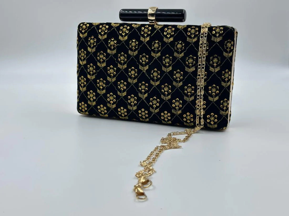 Luxury Black Velvet Clutch with Golden Floral Embroidery & Bar Clasp