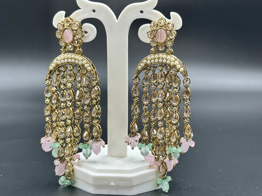 ELEGANT POLKI GOLDEN WITH MULTICOLOR PASTEL BEADS DANGLERS EARRINGS