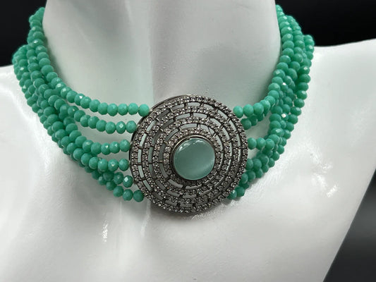 GEM STONE AND AD STUDDED GREEN BEADED CHOKER SET