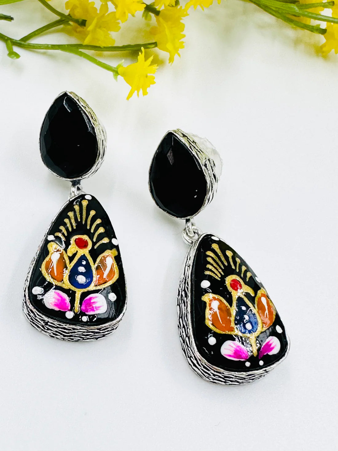BLACK OXIDISED EARRINGS WITH MEENAKARI WORK