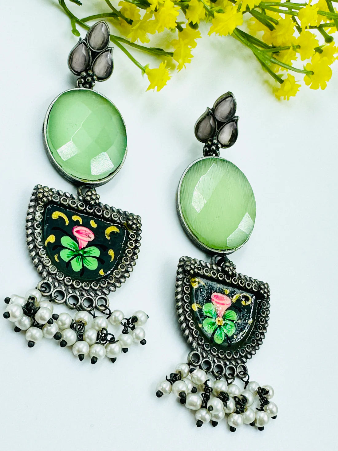 BEAUTIFUL GREEN OXIDISED EARRINGS WITH MEENAKARI WORK