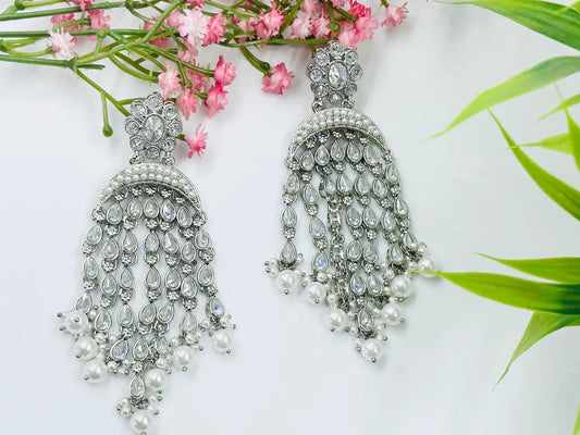ELEGANT POLKI SILVER WITH WHITE BEADS DANGLERS EARRINGS