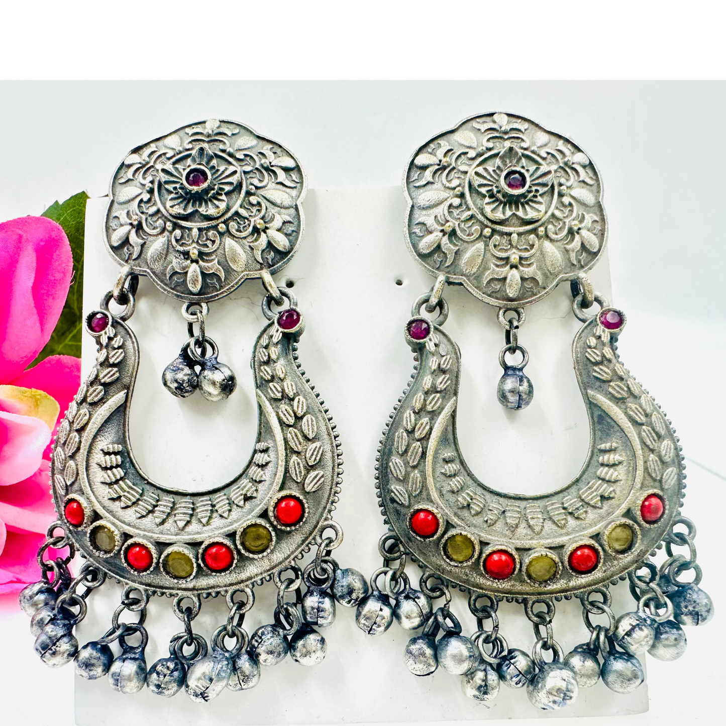 Arshiya Traditional Oxidized Earrings with Red and Yellow Stones