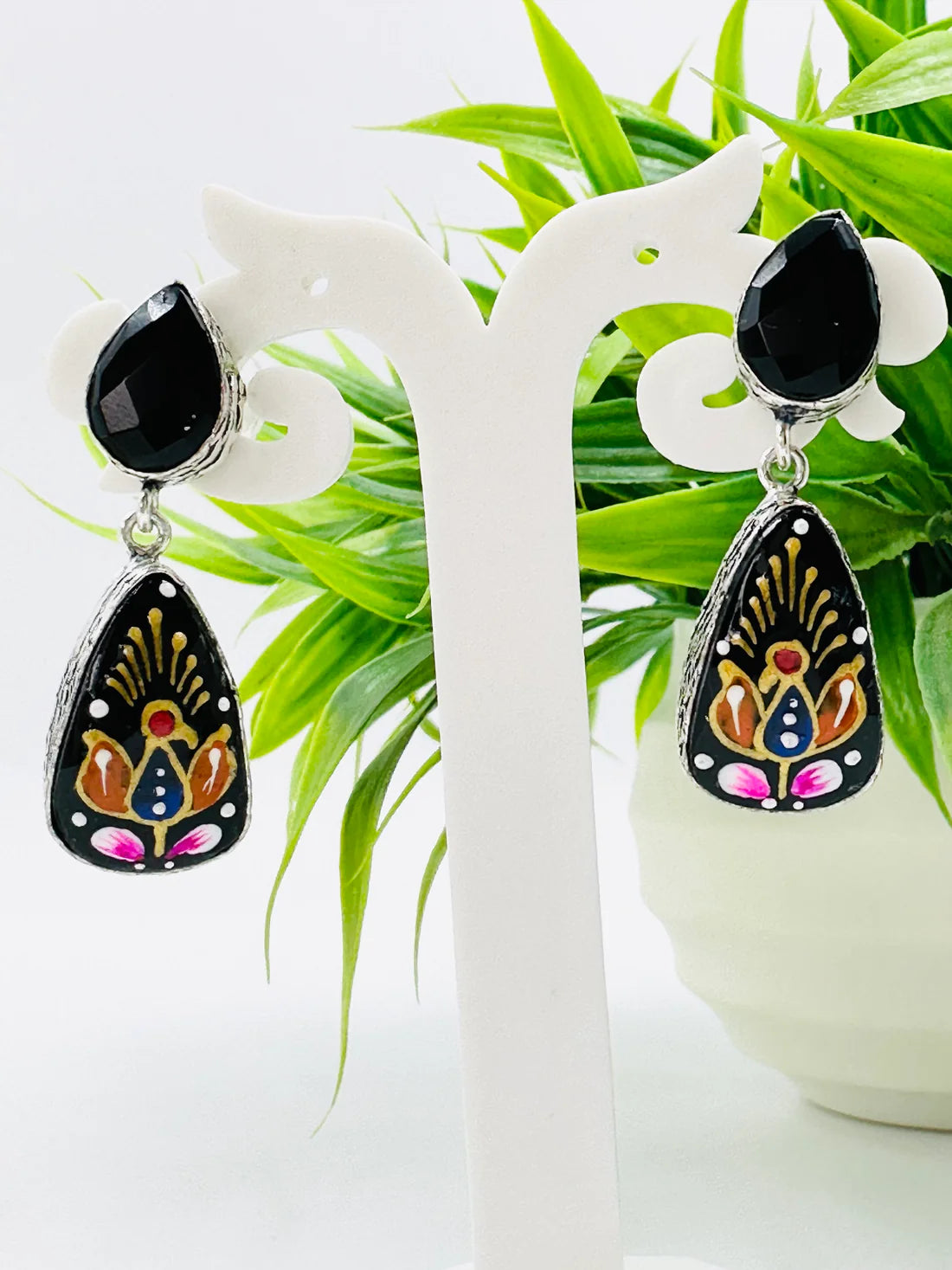 BLACK OXIDISED EARRINGS WITH MEENAKARI WORK