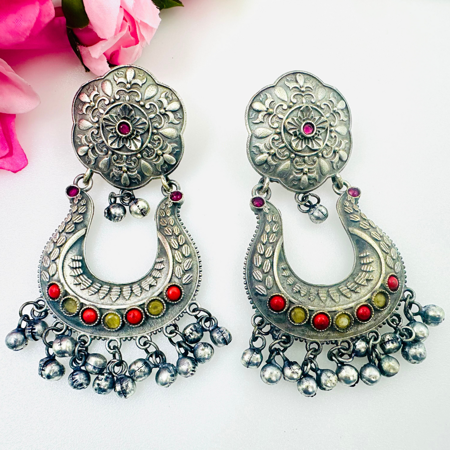 Arshiya Traditional Oxidized Earrings with Red and Yellow Stones