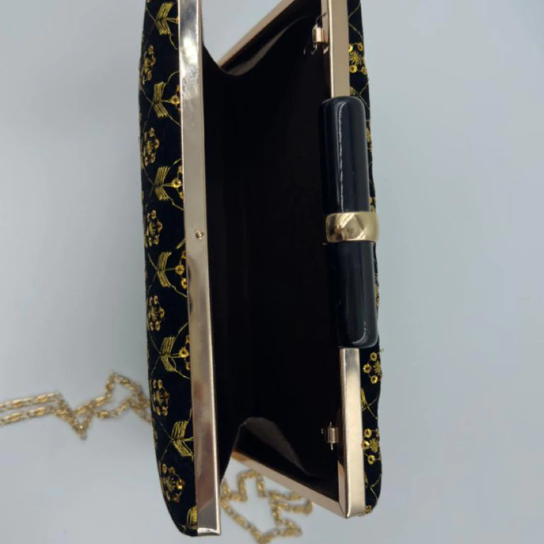Luxury Black Velvet Clutch with Golden Floral Embroidery & Bar Clasp