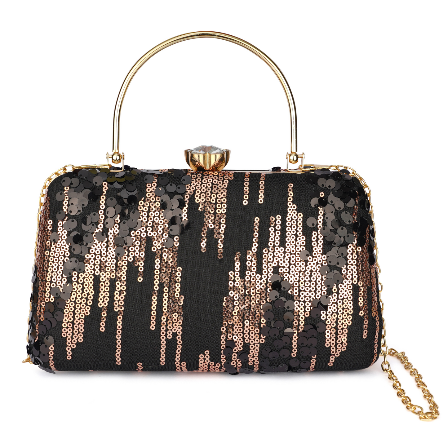 Elegant Black and Gold Sequin Clutch with Metal Handle & Chain Strap – Party & Evening Bag