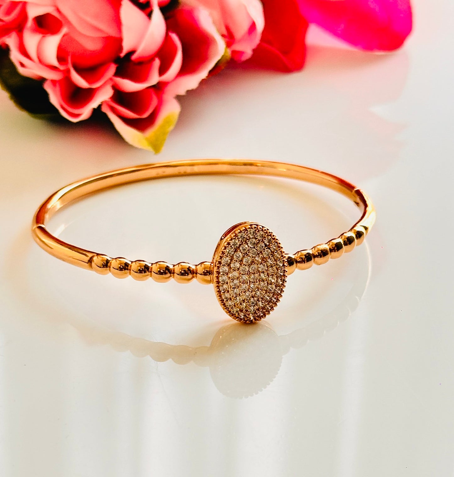 Elegant Gold Plated Crystal Bracelet for Women – Oval CZ Stone Beaded Bangle, Anti-Tarnish & Hypoallergenic Jewelry