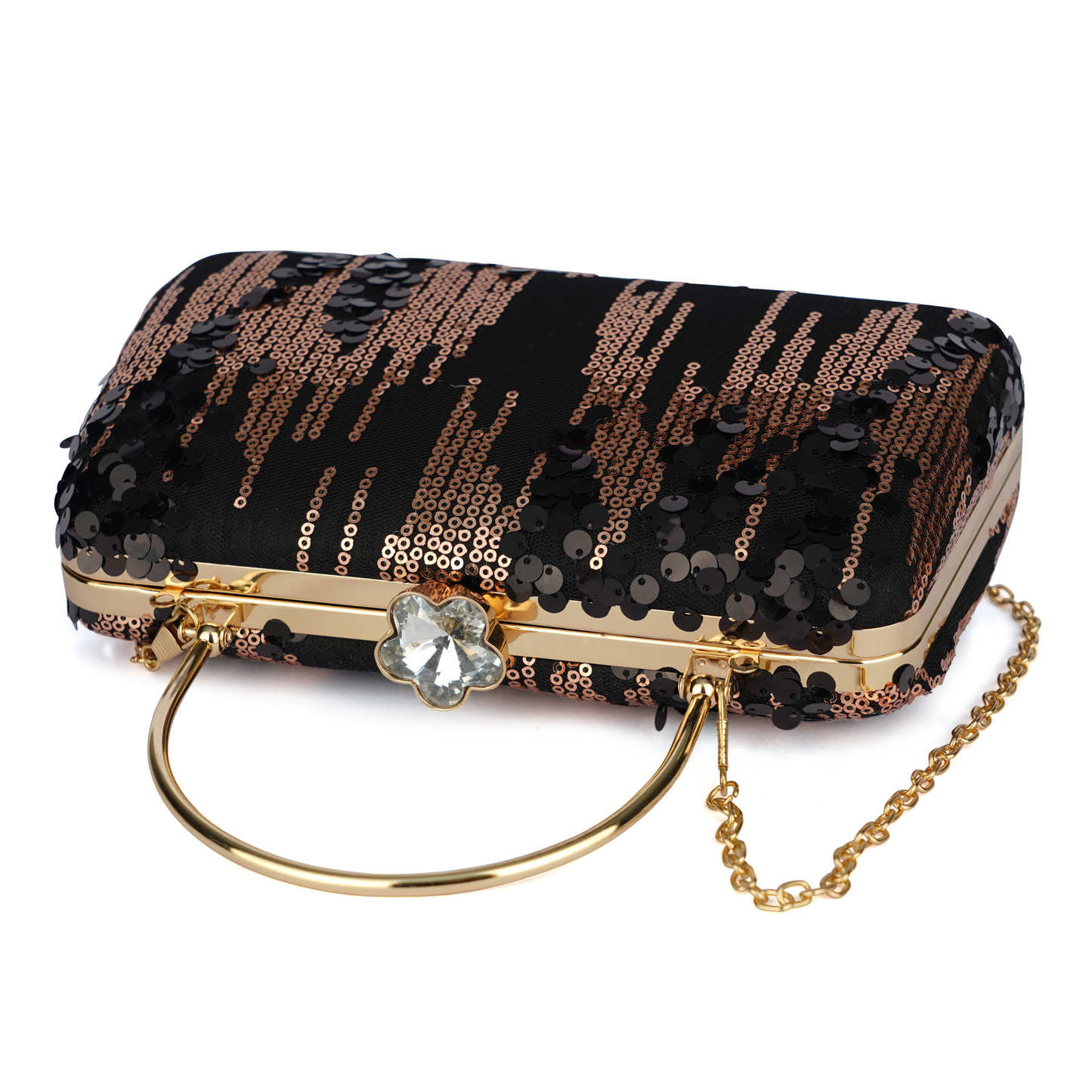 Elegant Black and Gold Sequin Clutch with Metal Handle & Chain Strap – Party & Evening Bag