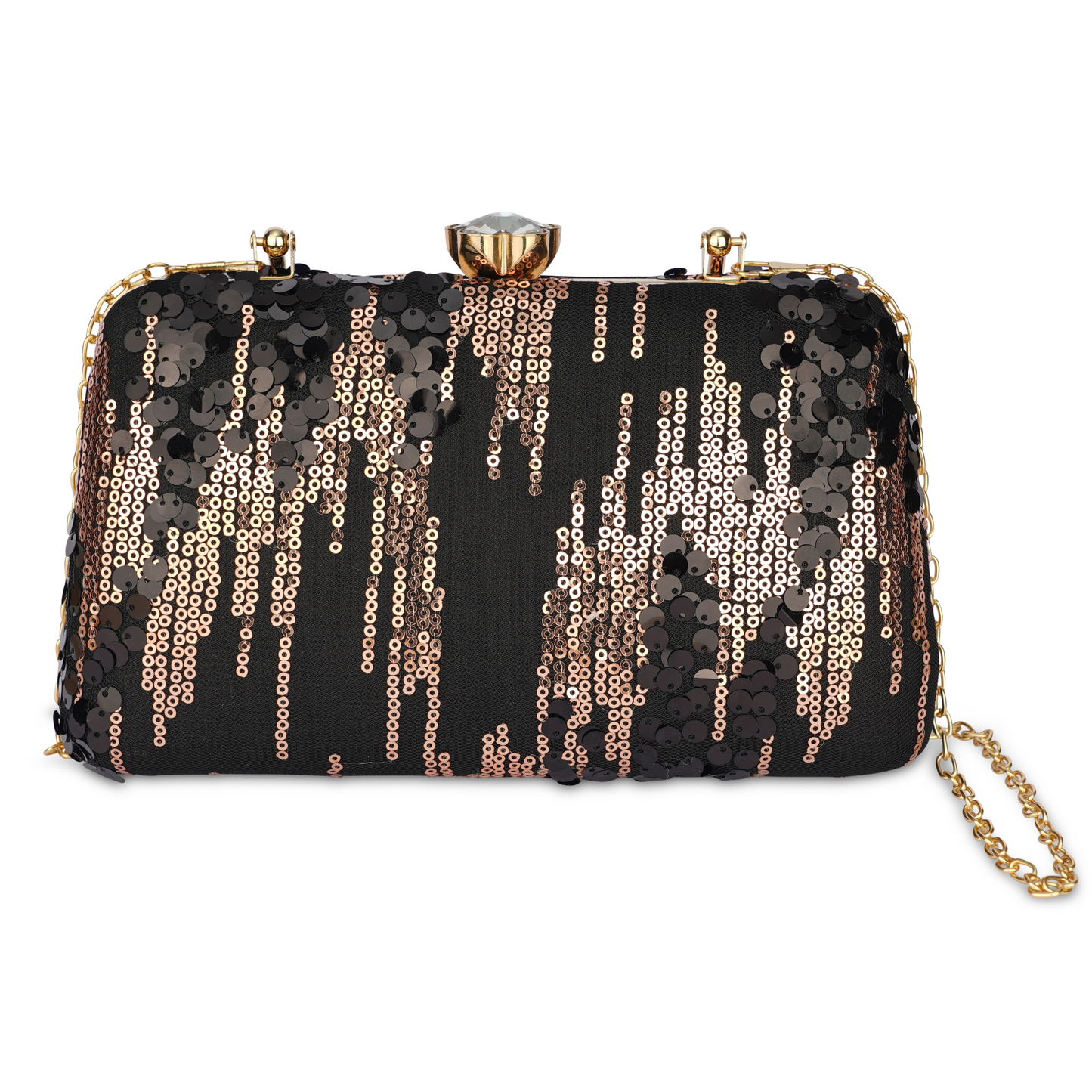 Elegant Black and Gold Sequin Clutch with Metal Handle & Chain Strap – Party & Evening Bag