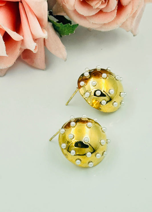 Golden Stainless Steel Stud Earrings with Delicate Pearl Accents