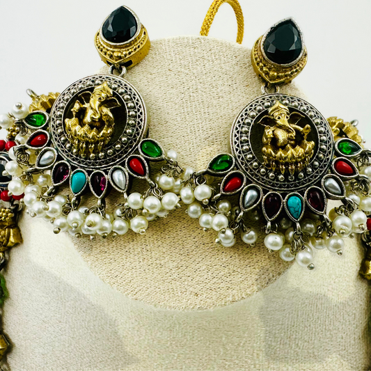 Traditional Treasure Dual Tone Temple Design Oxidized Necklace Set