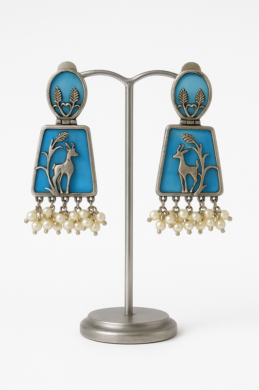Antique Deer Dangle Earrings with Pearls - Blue Enamel Finish