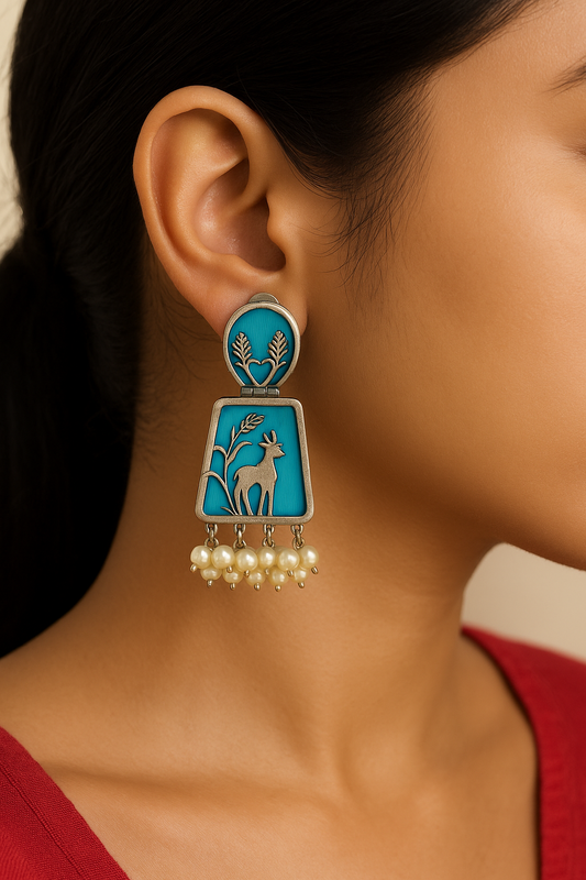 Antique Deer Dangle Earrings with Pearls - Blue Enamel Finish