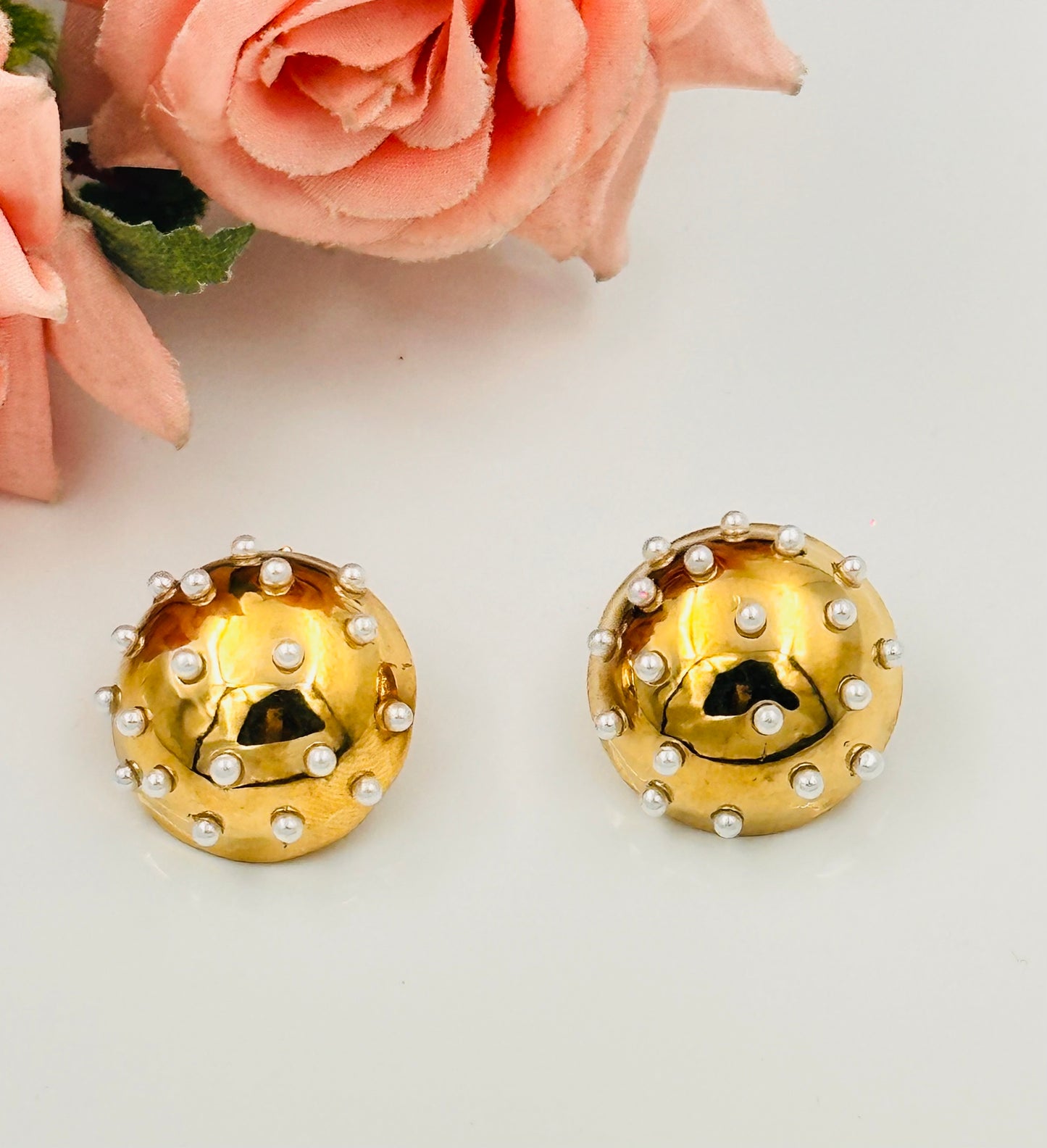 Golden Stainless Steel Stud Earrings with Delicate Pearl Accents