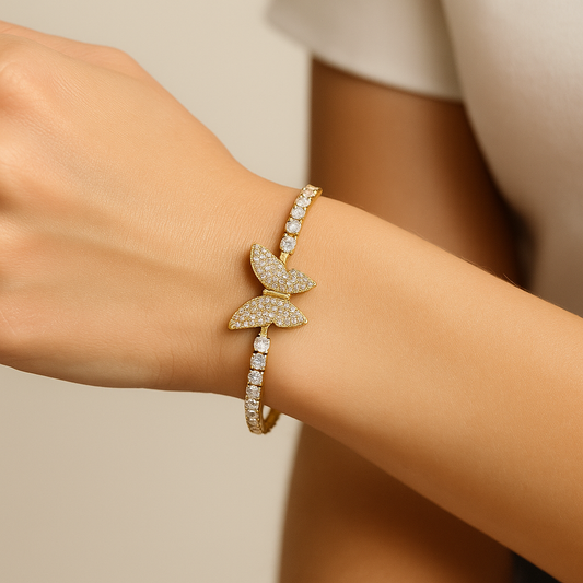 Gold-Plated Butterfly Tennis Bracelet for Women with Cubic Zirconia, Pavé Center, Hypoallergenic