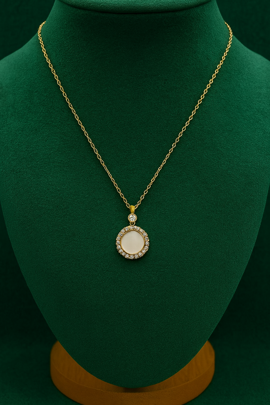 Round Pendant Necklace with Crystal Halo & Mother-of-Pearl Center | Anti-Tarnish Women’s Jewelry