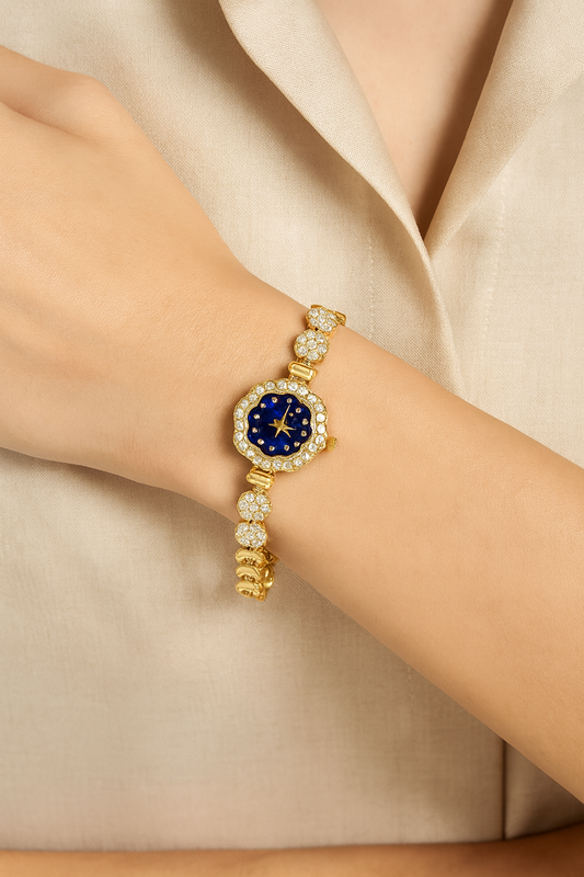 Blue Dial Bracelet Watch with American Diamond Strap | Elegant Women’s Fashion Wrist Watch