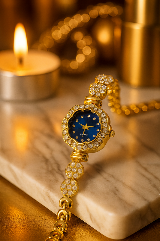 Blue Dial Bracelet Watch with American Diamond Strap | Elegant Women’s Fashion Wrist Watch