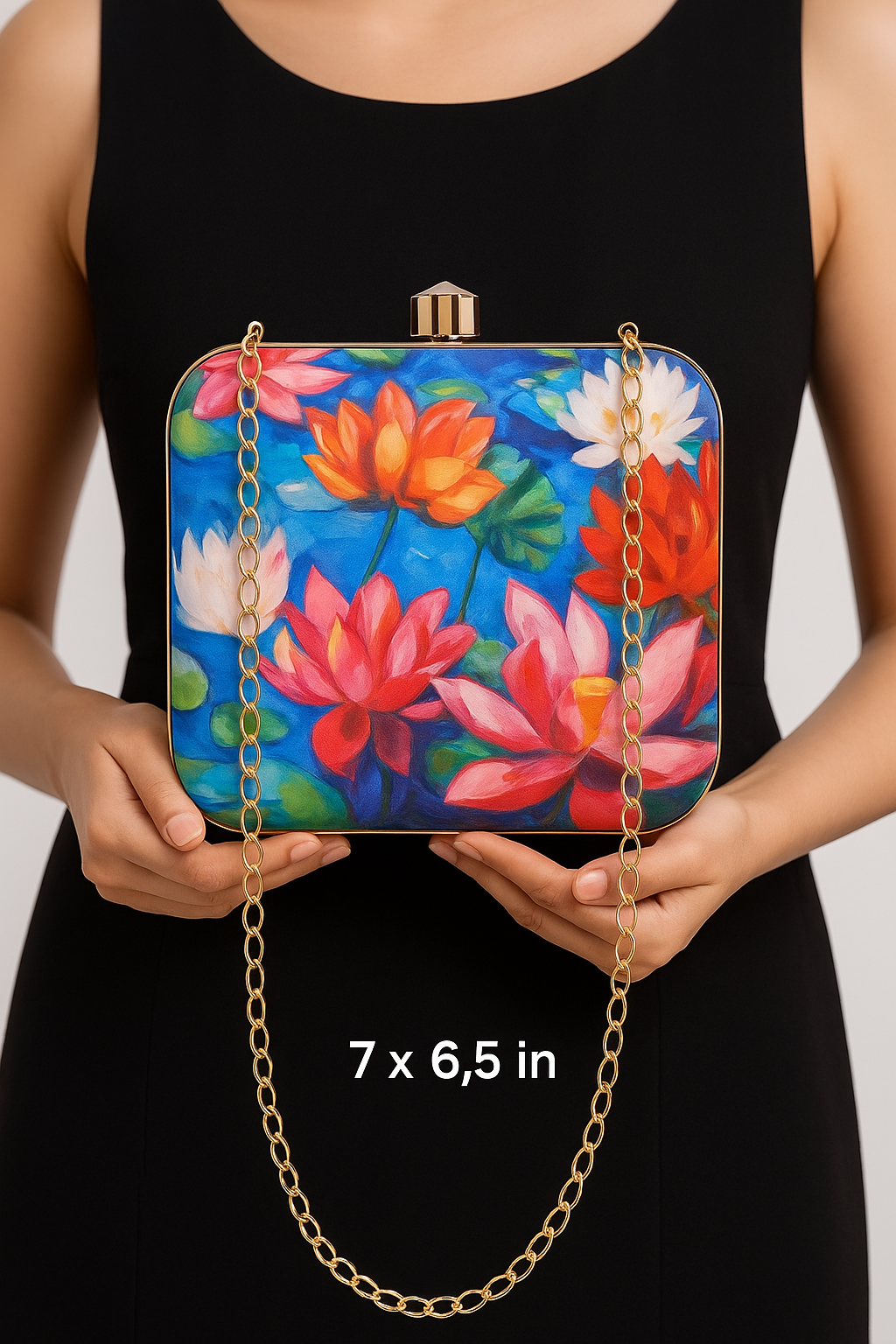 Lotus Flower Clutch Bag – Digital Print Evening Purse with Gold Chain | Designer Wedding & Party Bag