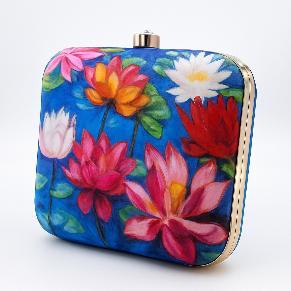 Lotus Flower Clutch Bag – Digital Print Evening Purse with Gold Chain | Designer Wedding & Party Bag