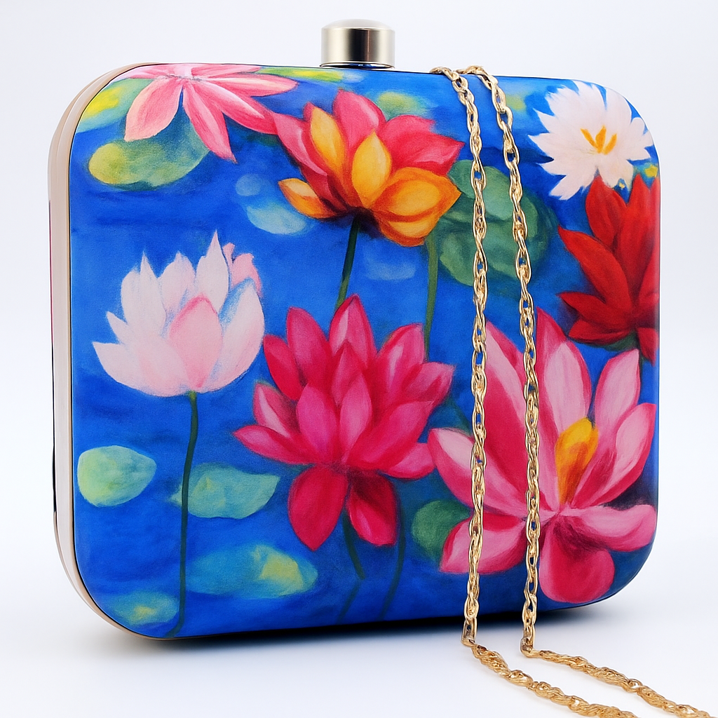 Lotus Flower Clutch Bag – Digital Print Evening Purse with Gold Chain | Designer Wedding & Party Bag