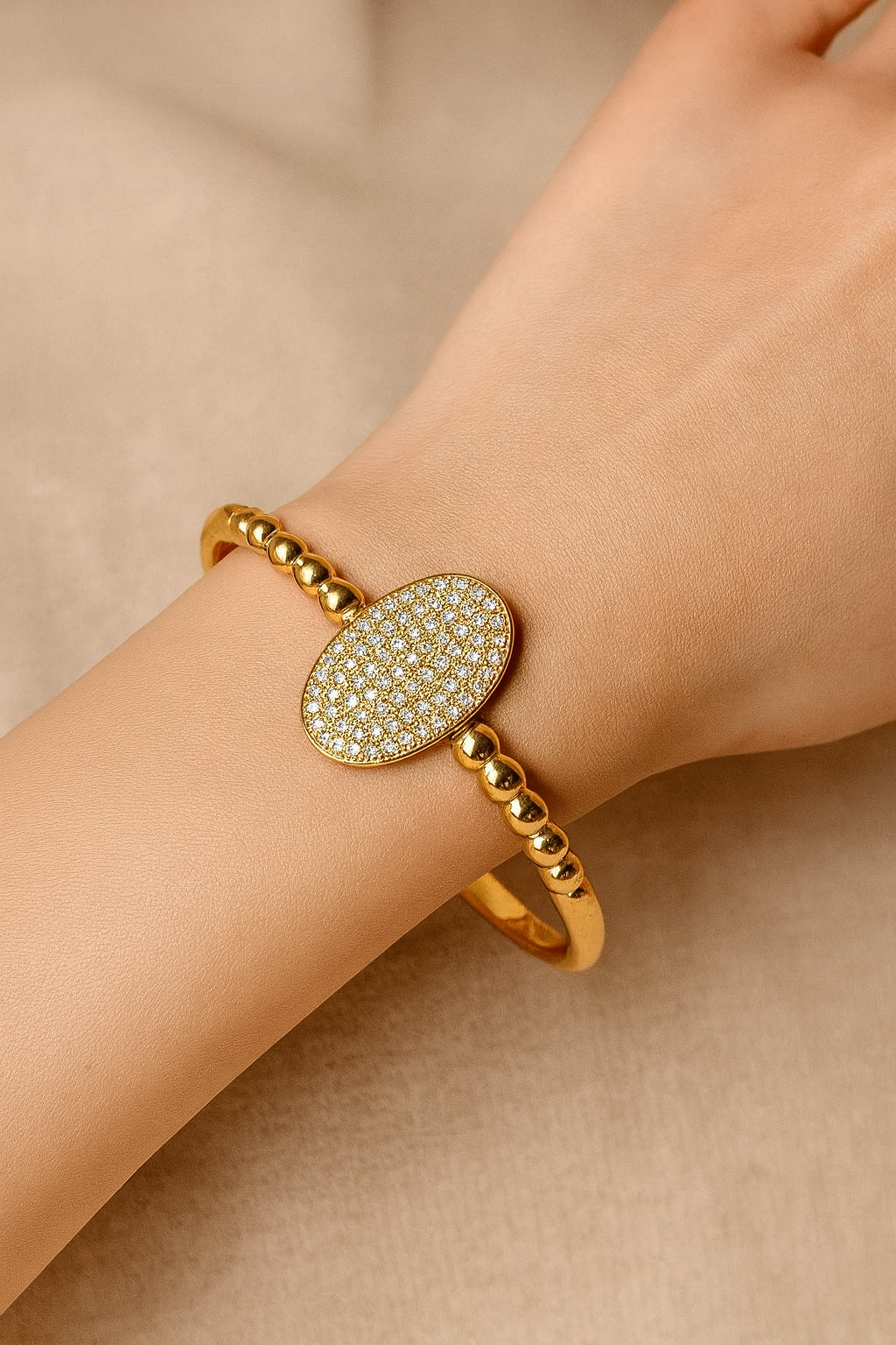 Elegant Gold Plated Crystal Bracelet for Women – Oval CZ Stone Beaded Bangle, Anti-Tarnish & Hypoallergenic Jewelry