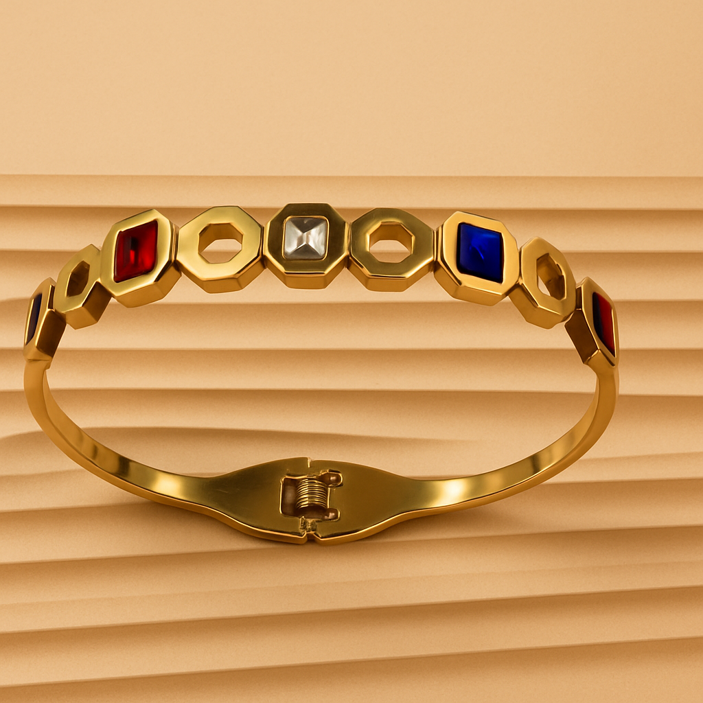 Geometric Gold-Plated Bracelet with Red, Blue & White Stones – Modern Statement Jewelry